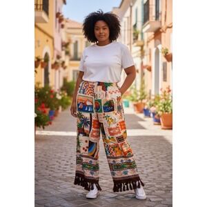 Sugarlips Womens Postcard Print Wide Leg Pants Cropped 3X Boho Mediterranean